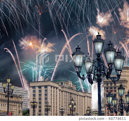 Fireworks over the building of the State Duma of the Federal Assembly of Russian Federation during Victory Day (WWII), Moscow, Russia Fireworks over the building of the State Duma of the Federal Assembly of Russian Federation during Victory Day (WWII), Moscow, Russia 68778611