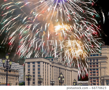 Fireworks over the building of the State Duma of the Federal Assembly of Russian Federation during Victory Day (WWII), Moscow, Russia Fireworks over the building of the State Duma of the Federal Assembly of Russian Federation during Victory Day (WWII), Moscow, Russia 68778623
