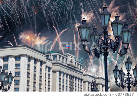 Fireworks over the building of the State Duma of the Federal Assembly of Russian Federation during Victory Day (WWII), Moscow, Russia 68778637