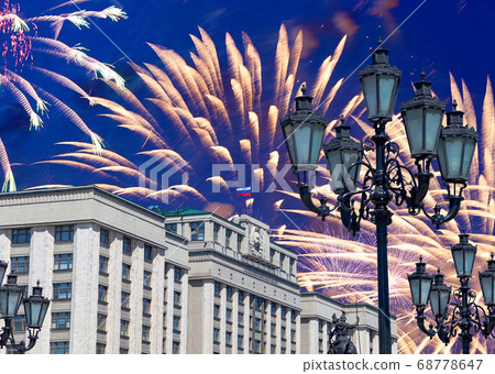 Fireworks over the building of the State Duma of the Federal Assembly of Russian Federation during Victory Day (WWII), Moscow, Russia Fireworks over the building of the State Duma of the Federal Assembly of Russian Federation during Victory Day (WWII), Moscow, Russia 68778647