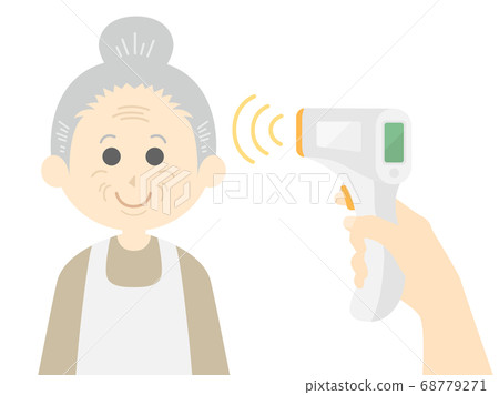 Illustration of an elderly woman being temperature-measured 68779271