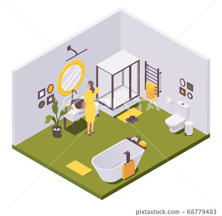 Vector isometric girl brushing teeth in bathroom 68779483