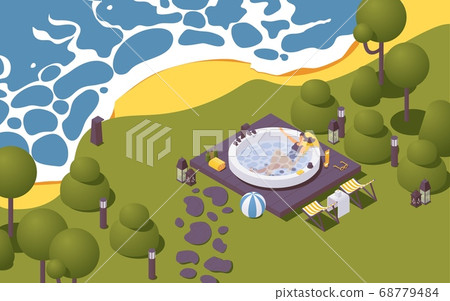 Vector isometric large outdoor spa pool near the 68779484