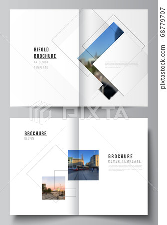 Vector layout of two A4 format cover mockups design templates with geometric simple shapes, lines and photo place for bifold brochure, flyer, magazine, cover design, book, brochure cover. 68779707