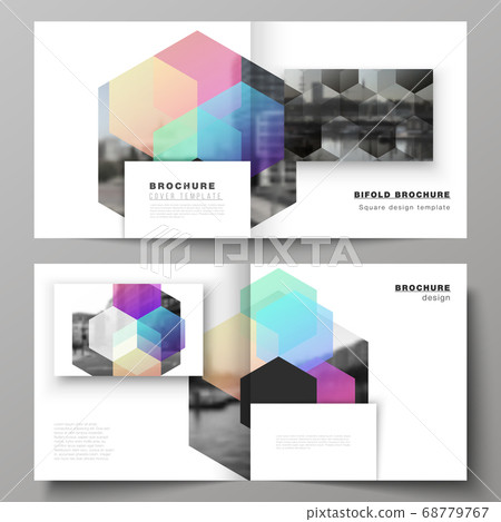 Vector layout of two covers templates with colorful hexagons, geometric shapes, tech background for square design bifold brochure, flyer, magazine, cover design, book design, brochure cover. Vector layout of two covers templates with colorful hexagons, geometric shapes, tech background for square design bifold brochure, flyer, magazine, cover design, book design, brochure cover. 68779767