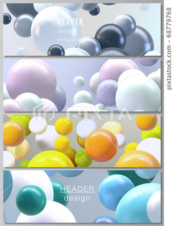 Vector layout of headers, banner templates for website footer design, horizontal flyer design, website header backgrounds. Realistic vector background with multicolored 3d spheres, bubbles, balls. Vector layout of headers, banner templates for website footer design, horizontal flyer design, website header backgrounds. Realistic vector background with multicolored 3d spheres, bubbles, balls. 68779768