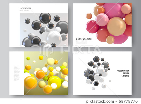 Vector layout of presentation slides design templates, multipurpose template for presentation brochure, business report. Abstract futuristic background with colorful 3d spheres, glossy bubbles, balls. 68779770