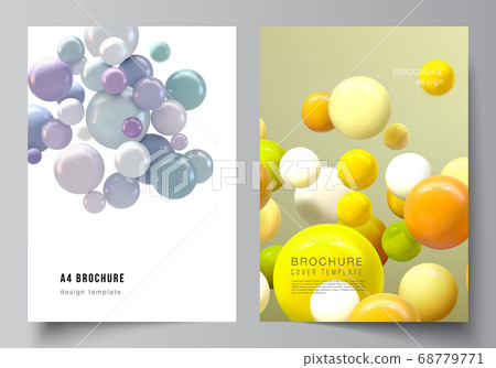 Vector layout of A4 cover mockups templates for brochure, flyer layout, booklet, cover design, book design. Abstract vector futuristic background with colorful 3d spheres, glossy bubbles, balls. Vector layout of A4 cover mockups templates for brochure, flyer layout, booklet, cover design, book design. Abstract vector futuristic background with colorful 3d spheres, glossy bubbles, balls. 68779771
