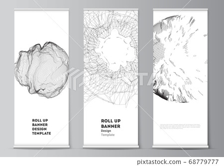 Vector layout of roll up mockup templates for vertical flyers, flags design templates, banner stands, advertising. Abstract 3d digital backgrounds for futuristic minimal technology concept design. Vector layout of roll up mockup templates for vertical flyers, flags design templates, banner stands, advertising. Abstract 3d digital backgrounds for futuristic minimal technology concept design. 68779777