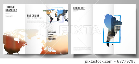 Vector layouts of covers design templates for trifold brochure, flyer layout, book design, brochure cover, advertising. Design template in the form of world maps and colored frames, insert your photo. 68779795