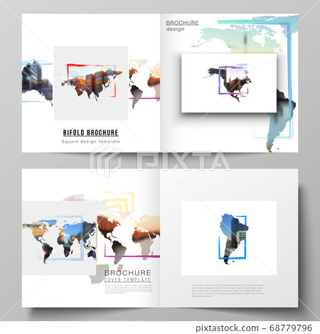 Vector layout of two covers templates for square bifold brochure, flyer, cover design, book design, brochure cover. Design template in the form of world maps and colored frames, insert your photo. 68779796
