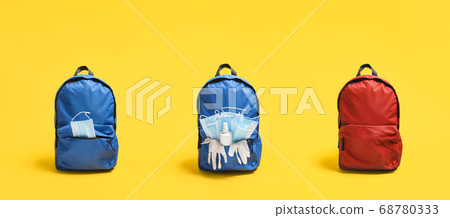 Back to school in pandemic. Backpacks with medical Back to school in pandemic. Backpacks with medical 68780333