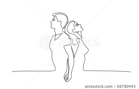 Loving couple woman and man standing back to back Loving couple woman and man standing back to back 68780943