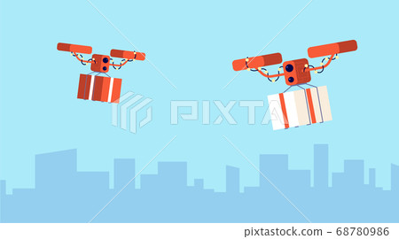 Presents drone delivery. Christmas gift, flying parcels. Digital logistic, modern contactless service purchase to home vector illustration Presents drone delivery. Christmas gift, flying parcels. Digital logistic, modern contactless service purchase to home vector illustration 68780986