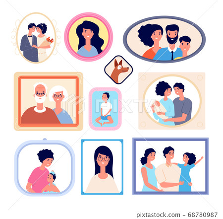 Family photo frames wall. Portrait gallery, grandparents relatives history. Pictures group with people faces, childhood vector illustration Family photo frames wall. Portrait gallery, grandparents relatives history. Pictures group with people faces, childhood vector illustration 68780987