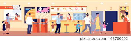 Cinema interior. Theater cafeteria, movie audience in hall. People in waiting room buy tickets pop corn or snack in bar vector illustration Cinema interior. Theater cafeteria, movie audience in hall. People in waiting room buy tickets pop corn or snack in bar vector illustration 68780992