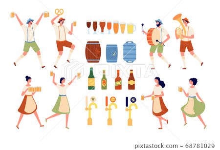 Brewery elements. Beverages bar, beer pub equipment. Isolated craft alcohol products and bottling. Oktoberfest people vector illustration Brewery elements. Beverages bar, beer pub equipment. Isolated craft alcohol products and bottling. Oktoberfest people vector illustration 68781029