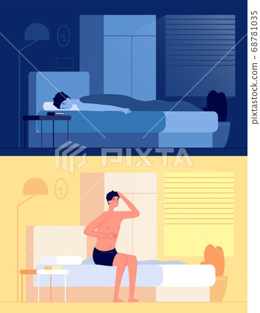 Wake up man. Sleep boy, resting guy after sleeping in morning fresh room. Flat bedroom, early waking and yawning person vector illustration Wake up man. Sleep boy, resting guy after sleeping in morning fresh room. Flat bedroom, early waking and yawning person vector illustration 68781035