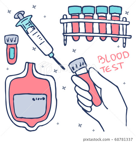 Test tubes and syringe with blood pack on white - Stock Illustration ...