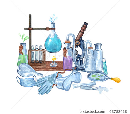 Watercolor science equipment of microscope,... - Stock Illustration ...