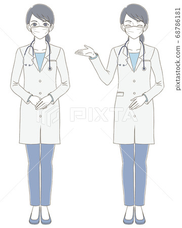Medical and doctor hand-drawn style full body illustration set of a female doctor wearing a white coat and mask 68786181