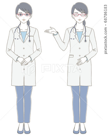 Medical/doctor hand-drawn style full body illustration set of a female doctor wearing a white coat and wearing glasses 68786183