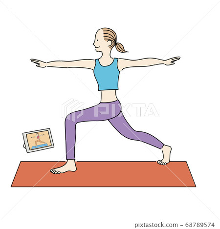 Woman taking yoga lessons online Woman taking yoga lessons online 68789574
