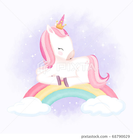 Cute unicorn sleeping on rainbow hand drawn animal - Stock Illustration ...