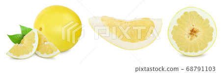 pomelo with slice and leaf isolated on white background. Set or collection 68791103