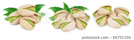 pistachio with leaves isolated on white background with clipping path and full depth of field. Set r collection 68791104