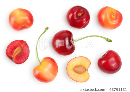 yellow-red sweet cherry isolated on white background with clipping path . Top view. Flat lay yellow-red sweet cherry isolated on white background with clipping path . Top view. Flat lay 68791181