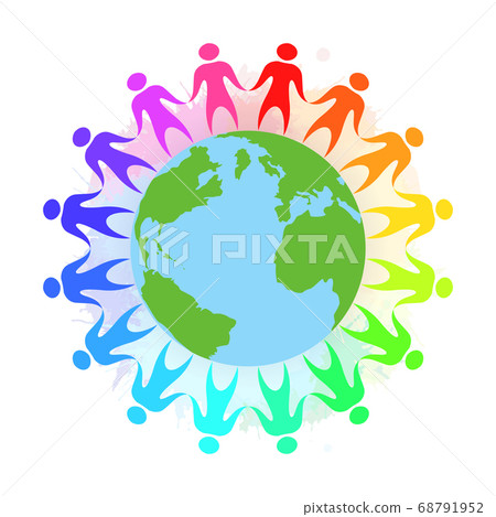Illustration of rainbow people holding hands  around the planet Earth with watercolor splashes. 68791952