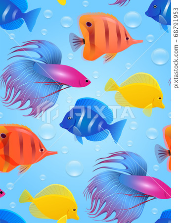 Seamless texture with sea tropical fish and bubbles. Vector bright pattern  68791953