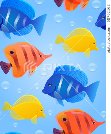 Seamless texture with sea tropical fish and bubbles. Vector bright pattern 68792168