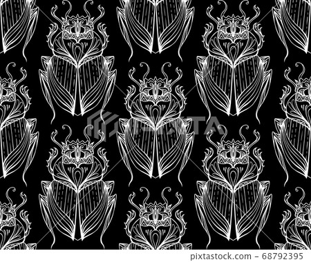 Pattern of white scarab with boho pattern on black background. Pattern of white scarab with boho pattern on black background. 68792395