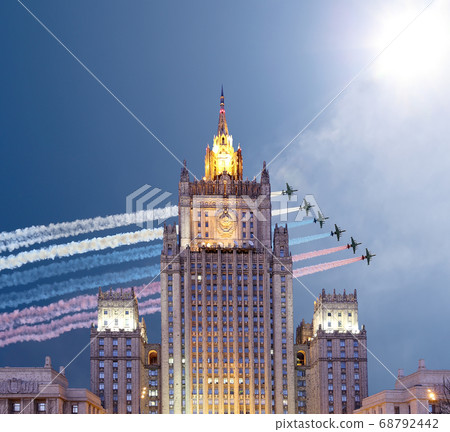 Ministry of Foreign Affairs of the Russian Federation and Russian military aircrafts fly in formation, Moscow, Russia Ministry of Foreign Affairs of the Russian Federation and Russian military aircrafts fly in formation, Moscow, Russia 68792442