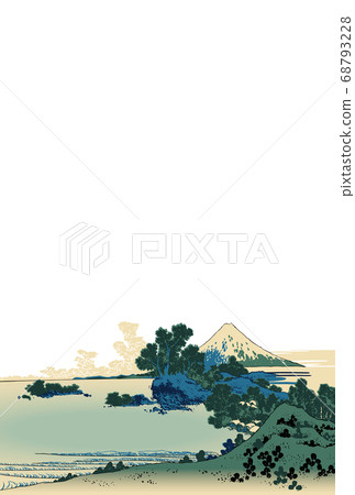 New Year's card Katsushika Hokusai, Aoshima Nanrihama vertical Fujishita white background 68793228