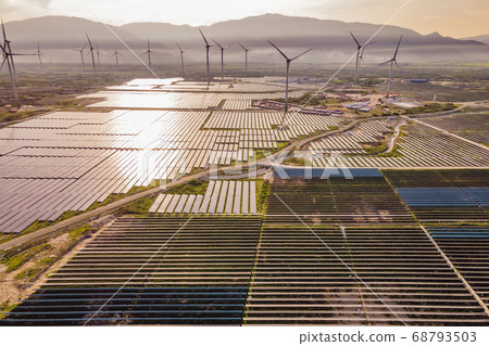solar energy panels and wind turbine. Drone view solar energy panels and wind turbine. Drone view 68793503