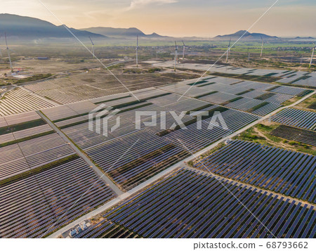 solar energy panels and wind turbine. Drone view 68793662