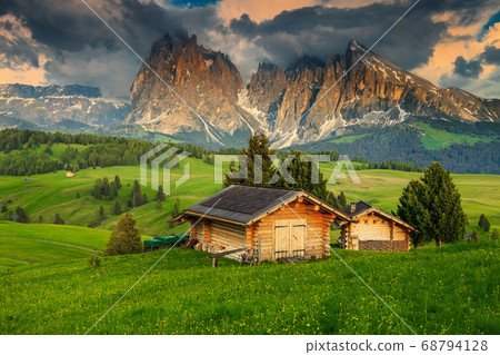 Seiser Alm resort and Langkofel group at sunset, Dolomites, Italy 68794128