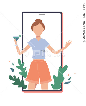 Happy girl with cocktail on the phone screen. Online party, birthday, or meeting friends concept. Quarantine party vector flat illustration Happy girl with cocktail on the phone screen. Online party, birthday, or meeting friends concept. Quarantine party vector flat illustration 68794398