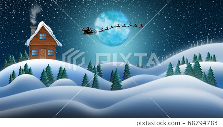 Santa Clause and Reindeers Sleighing Through Christmas Night 68794783