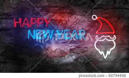 Happy New Year 2020. Glowing Neon Sign Against Brick Wall Happy New Year 2020. Glowing Neon Sign Against Brick Wall 68794898