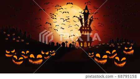 Halloween Pumpkins at Cemetery with Bats Flying Against Full Moon Halloween Pumpkins at Cemetery with Bats Flying Against Full Moon 68795158