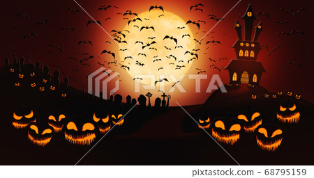 Halloween Pumpkins at Cemetery with Bats Flying Against Full Moon Halloween Pumpkins at Cemetery with Bats Flying Against Full Moon 68795159
