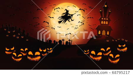 Halloween Pumpkins at Cemetery with Bats Flying Halloween Pumpkins at Cemetery with Bats Flying 68795217