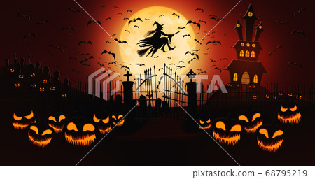 Halloween Pumpkins at Cemetery with Bats Flying Halloween Pumpkins at Cemetery with Bats Flying 68795219