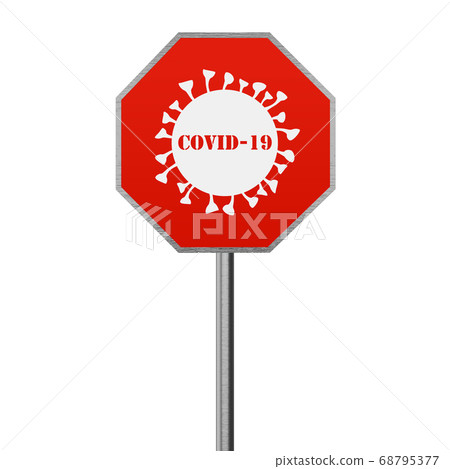 Coronavirus Stop Road Sign. Covid-19 Warning 3D Render 68795377