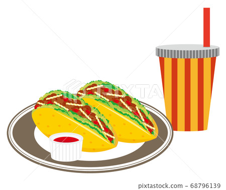 Tacos tortilla with drink, lettuce and ground meat 68796139
