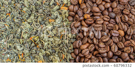 Dry green tea leaves and roasted coffee beans. 68796332